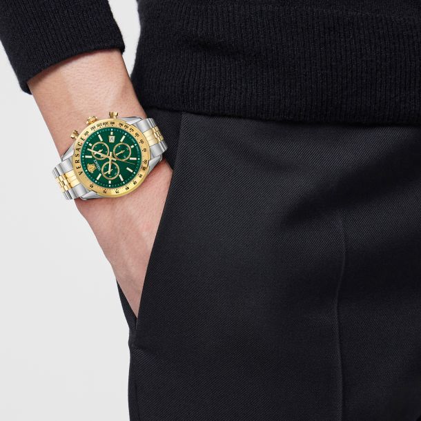 Reloj Versace Chrono Master Esfera Verde Brazalete de Acero Inoxidable Bicolor 44mm - VE8R00524