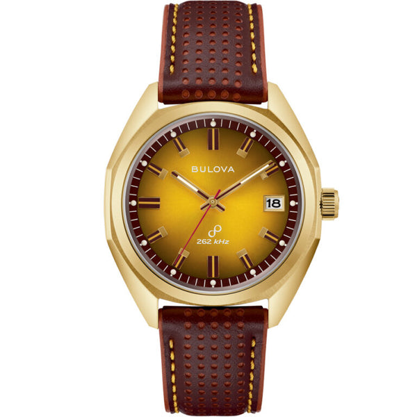 Reloj Bulova de hombre inspirado en el estilo vintage, con caja dorada y esfera color caramelo Jet Star Classic 97B214