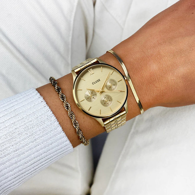 Reloj Cluse multifunción Minuit de acero, color oro completo CW10701