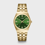 Reloj Cluse retro de los años 70 de acero, verde bosque, color dorado CW35105