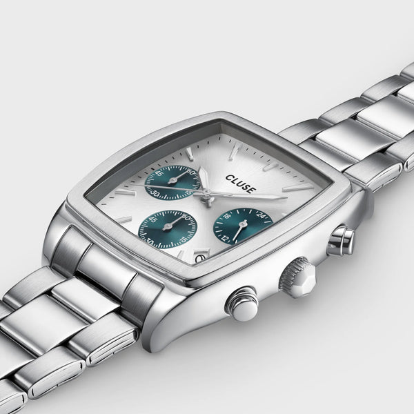 Reloj Cluse Quartaut Chrono de acero, azul, color plateado completo CW52003