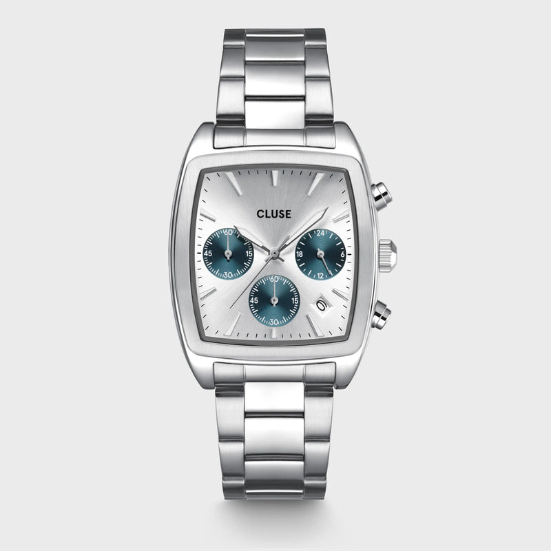Reloj Cluse Quartaut Chrono de acero, azul, color plateado completo CW52003