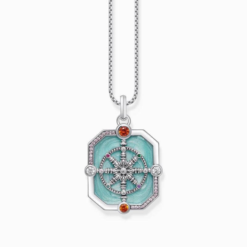 Colgante Thomas Sabo PE961-340-7 Wheel of Karma en color turquesa con piedras de colores, plata