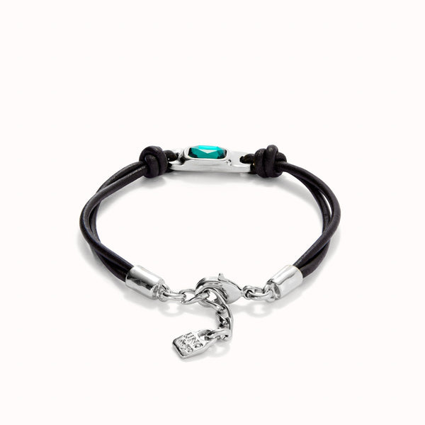 Pulsera UNOde 50 de cuero bañada en plata de ley con cristal verde PUL2480VRDMTL0M