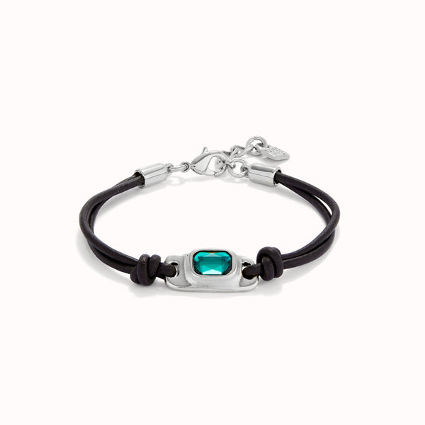 Pulsera UNOde 50 de cuero bañada en plata de ley con cristal verde PUL2480VRDMTL0M