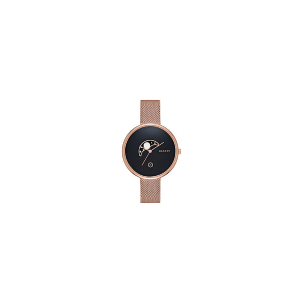 Reloj Skagen de malla en tono oro rosa con esfera negra de Gitte Moonphase SKW2371