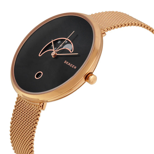 Reloj Skagen de malla en tono oro rosa con esfera negra de Gitte Moonphase SKW2371
