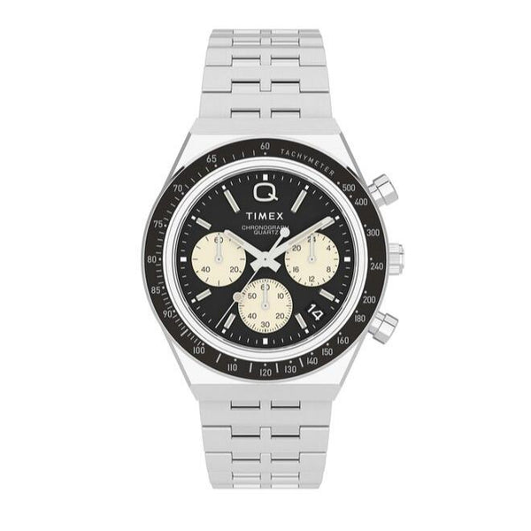Reloj Timex Q diver inspirado en crono (40 mm) con esfera negra y brazalete de acero inoxidable TW2V42600
