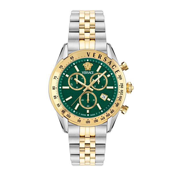 Reloj Versace Chrono Master Esfera Verde Brazalete de Acero Inoxidable Bicolor 44mm - VE8R00524